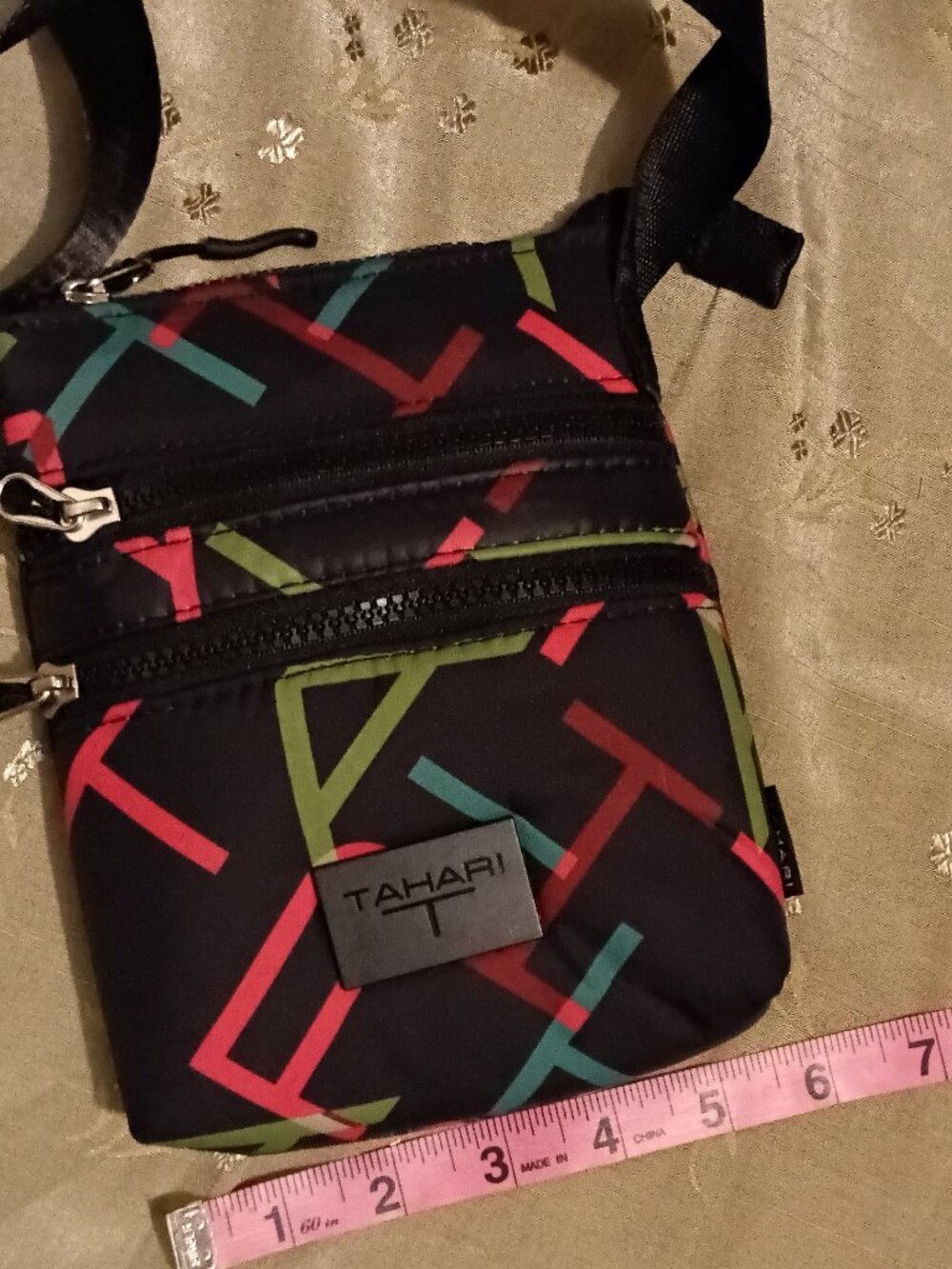 Tahari Triple Zip Crossbody Bag - Black Geometric Print - Picture 5 of 8